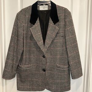 Houndstooth Jacket Blazer Women 10 Pure Wool Tweed Equestrian Leather Collar